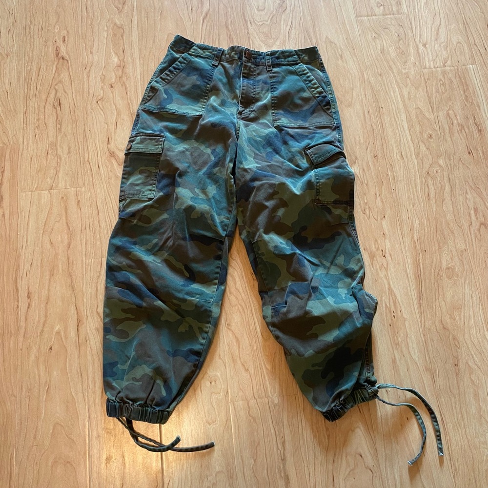 Alice+Olivia 27 Jeans Camo Cargo Pants High Rise Drawstring Hem Green Camouflage